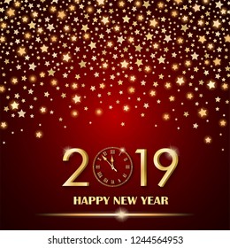Abstract shining falling stars on red ambient background. New Year 2019 concept. Luxury design. Invitation card. Vector illustration