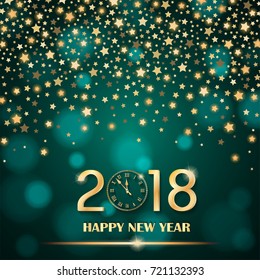 Abstract shining falling stars on turquoise ambient blurred background. New Year 2018 concept. Luxury design. Vector illustration