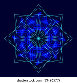Abstract shining fractal shape. Vector decorative design element on dark blue background for advertisement, poster, banner, web. 