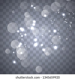 Abstract shining  glowing bokeh lights isolated on transparent background.  Festive purple and golden luminous background. Christmas concept.
