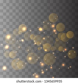 Abstract shining  glowing bokeh lights isolated on transparent background.  Festive purple and golden luminous background. Christmas concept.