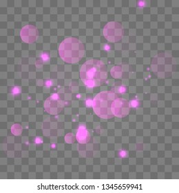 Abstract shining  glowing bokeh lights isolated on transparent background.  Festive purple and golden luminous background. Christmas concept.