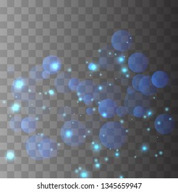 Abstract shining  glowing bokeh lights isolated on transparent background.  Festive purple and golden luminous background. Christmas concept.