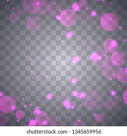 Abstract shining  glowing bokeh lights isolated on transparent background.  Festive purple and golden luminous background. Christmas concept.