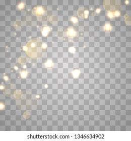 Abstract shining  glowing bokeh lights isolated on transparent background.  Festive purple and golden luminous background. Christmas concept.