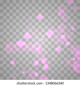 Abstract shining  glowing bokeh lights isolated on transparent background.  Festive purple and golden luminous background. Christmas concept.