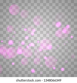 Abstract shining  glowing bokeh lights isolated on transparent background.  Festive purple and golden luminous background. Christmas concept.