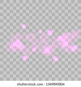 Abstract shining  glowing bokeh lights isolated on transparent background.  Festive purple and golden luminous background. Christmas concept.