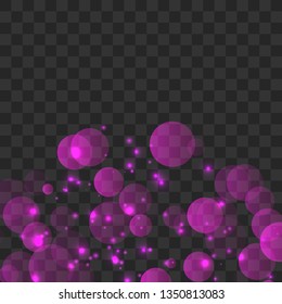 Abstract shining  glowing bokeh lights isolated on transparent background.  Festive purple and golden luminous background. Christmas concept.