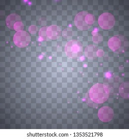 Abstract shining  glowing bokeh lights isolated on transparent background.  Festive purple and golden luminous background. Christmas concept.