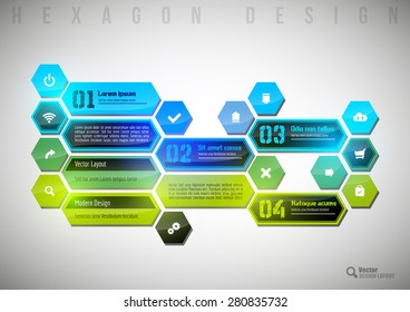 Abstract shining layout as colorful hexagons. Modern infographics design elements.