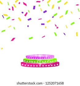 Abstract Shining multicolored Podium with confetti. Vector illustration. Light