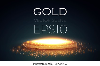 Fondo Del Podio Brillante Abstracto. Escena de Glittering de Oro.¡Ganaste! Diseño de lujo, éxito y tesoro. Espacio de juego, moda y juegos de azar. Ilustración del vector