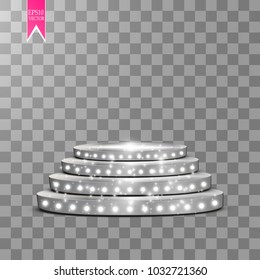 Abstract Shining Podium Background with Spotlights. White Glittering Scene. You Win Luxury, Success and Treasure Design. Game, Fashion and Gambling Space.