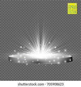 Abstract Shining Podium Background with Spotlights. White Glittering Scene. You Win Luxury, Success and Treasure Design. Game, Fashion and Gambling Space.