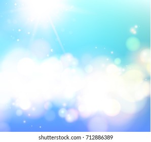 Abstract shining space futuristic background. Soft bokeh and lights. Bokeh light circles over blue backdrop. Vector illustration.