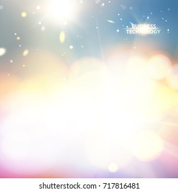 Abstract shining space futuristic background. Soft bokeh and lights. Bokeh light circles over blue sky. Vector illustration.