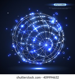 Abstract shining vector sphere. Futuristic technology glowing wireframe mesh element. Connection Structure. Digital Data Visualization.