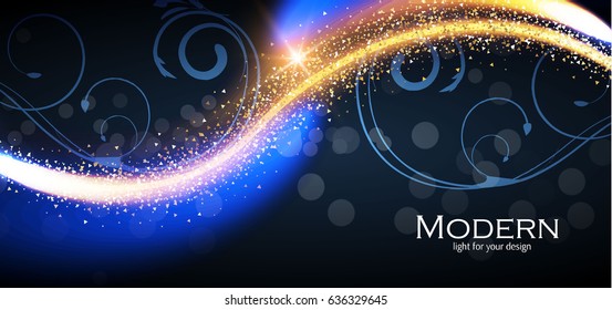 Fondo de Ola Brillante Abstracta con Swirls, Luces, Bokeh y Oro Polvo. Ilustración del vector