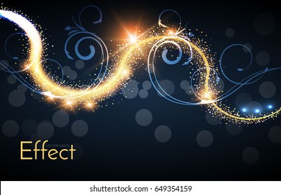 Abstract Shining Wave Background with Swirls, Lights, Bokeh and Gold Dust. Vector illustration
