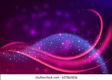 Abstract shining wave. Abstract fantastic wave background. Magic design with blue dust and stars. Party Space. Vector illustration