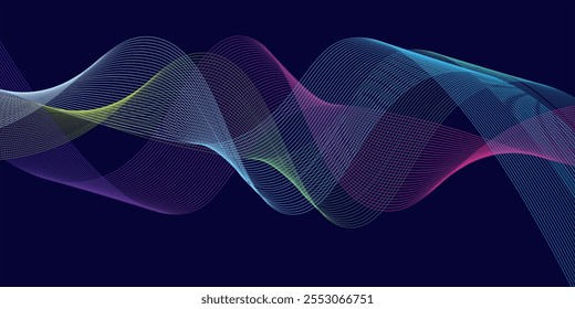 Líneas de onda brillantes Abstractas sobre fondo azul oscuro. Patrón de onda dinámica. Líneas onduladas que fluyen modernas. Concepto de tecnología futurista. Conveniente para el Anuncio, cartel, cubierta, folleto, volante, Sitio web
