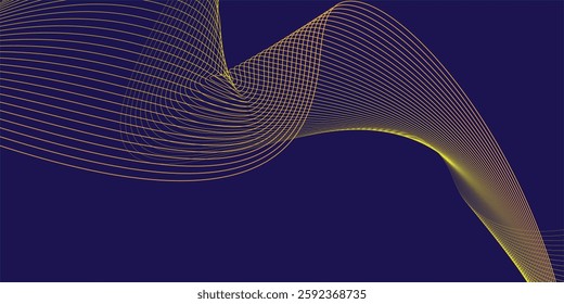 Abstract shining wave lines on dark blue background. Yellow flowing wavy lines glowing. Suitable for banners, posters, covers, brochures, flyers, websites