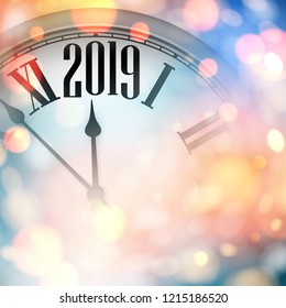 Abstract shiny 2019 New Year card with clock. Bokeh effect. Vector background.