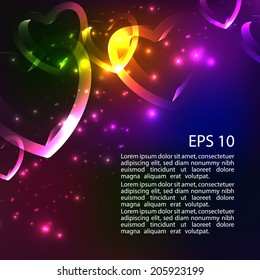 Abstract shiny 3d bright background with hearts. Rainbow colors shining neon lights. Vector. EPS 10.