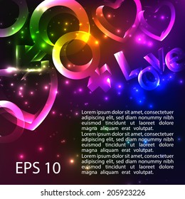Abstract shiny 3d bright background with hearts. Rainbow colors shining neon lights. Vector. EPS 10.