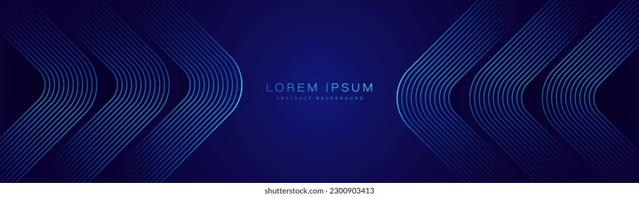 Abstract shiny arrow lines on dark blue background. Modern blue geometric line arrow pattern graphic design. Futuristic technology concept. Horizontal banner template. Vector illustration