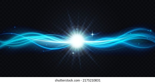 Abstract shiny azure blue color waves connect and flow vector illustration. Magic luminous wavy curve shapes connecting and glowing, neon swirl glow energy lines on transparent black background