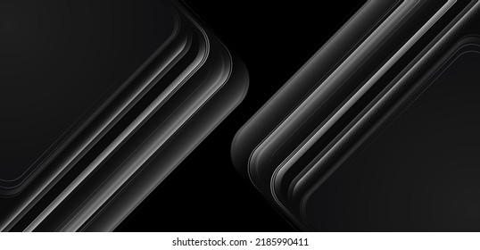 Resumen de la dimensión de capa de solapamiento negro brillante y gris sobre fondo oscuro. Elementos de forma geométrica de gradiente negro de lujo moderno. Concepto futurista. Traje para fondo de pantalla, escritorio, banner, sitio web, volante