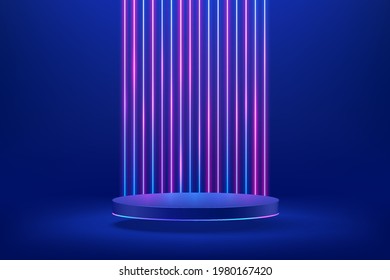 Abstract shiny blue cylinder pedestal podium. Sci-fi blue abstract room concept with vertical glowing neon lighting. Vector rendering 3d shape, Product display presentation. Futuristic wall scene.