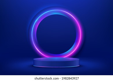 Abstract shiny blue cylinder pedestal podium. Sci-fi blue abstract room concept with circle glowing neon lighting. Vector rendering 3d shape, Product display presentation. Futuristic wall scene. - Shutterstock ID 1982843927