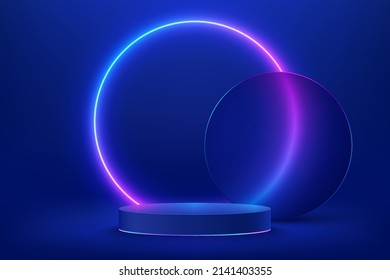 Abstract shiny blue cylinder pedestal podium. Sci-fi blue abstract room with circle glowing neon lamp lighting. Vector rendering 3d shape, Product display mockup. Futuristic scene. Stage for showcase.