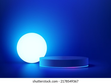 Abstract shiny blue cylinder pedestal podium. Sci-fi blue abstract room concept with glowing ball neon lamp lighting. Vector rendering 3d shape, Product display presentation. Futuristic wall scene.