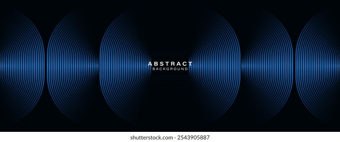 Linhas geométricas azuis brilhantes abstratas sobre fundo preto. Padrão moderno de linhas metálicas azuis. Ondas sonoras. Gráfico de tecnologia futurista. Terno para banner, capa, música, site, cartaz, folheto
