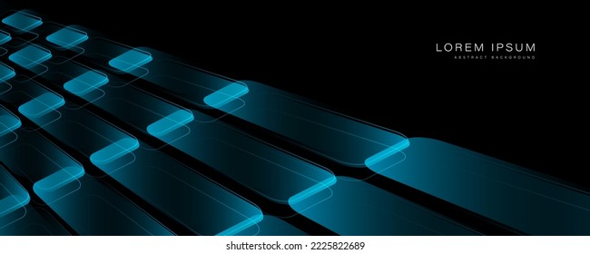 Resumen geométrico azul brillante sobre fondo negro con espacio de copia. Patrón geométrico moderno azul brillante diagonal. Concepto de tecnología futurista. Ilustración del vector