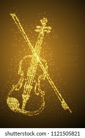 Abstract Shiny Bokeh star pattern Violin and bow shape, music concept design gold color illustration isolated on brown gradient background with copy space, vector eps 10