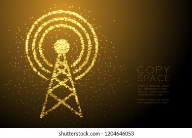 Abstract Shiny Bokeh star pattern Antenna tower shape, Broadcast telecommunication concept design gold color illustration isolated on brown gradient background with copy space, vector eps 10