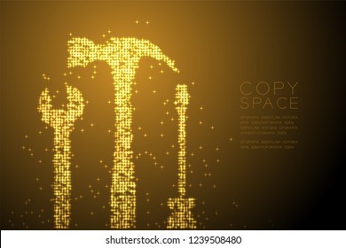 Abstract Shiny Bokeh star pattern Wrench screwdriver and hammer shape, Mechanic concept design gold color illustration isolated on brown gradient background with copy space, vector eps 10