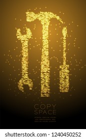 Abstract Shiny Bokeh star pattern Wrench screwdriver and hammer shape, Mechanic concept design gold color illustration isolated on brown gradient background with copy space, vector eps 10