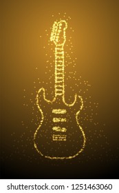 Abstract Shiny Bokeh star pattern Electric Guitar shape, music instrument concept design gold color illustration isolated on brown gradient background with copy space, vector eps 10