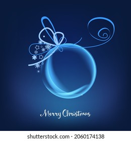 Abstract shiny Christmas glass ball and ribbons. Christmas seasonal lights decoration 