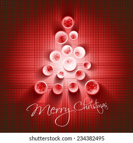 Abstract shiny Christmas tree card vector illustration with abstract snowflake balls casting shadows and with red and green texture background
