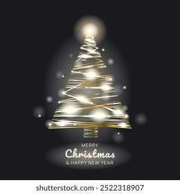 Abstract shiny christmas tree shape with golden and glittering lights.Sparkling christmas tree lights bright shiny and glowing bulbs.Luxury golden glowing fir tree for christmas new year design.Vector