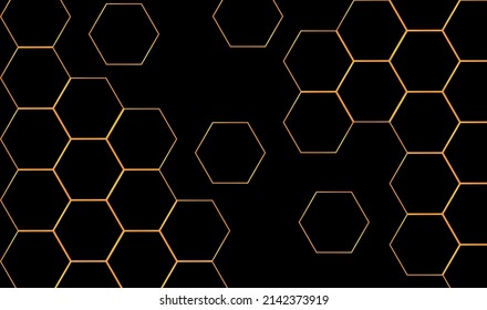 Abstract shiny color gold honeycombs design element with glitter effect on dark background.