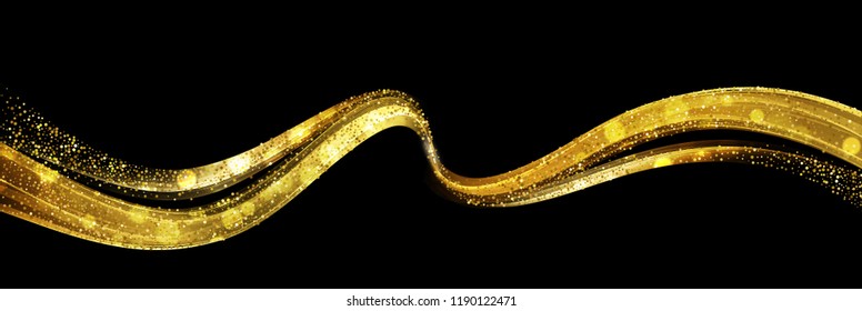 Abstract shiny color gold wave design element with glitter effect on dark background. Vector illustration