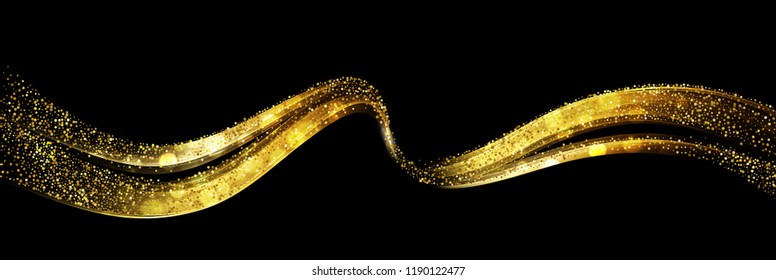 Abstract shiny color gold wave design element with glitter effect on dark background. Vector